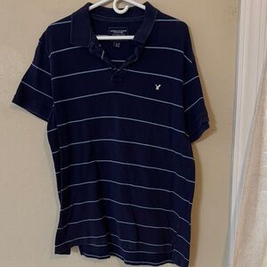 American Eagle Outfitters Men's Dark Blue Polo with Light Blue Stripes